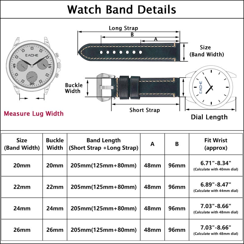 EACHE Leather Watch Bands for Men, 20mm Crazy Horse Handmade Watchband Dark Brown-Silver Hardware - Image 2